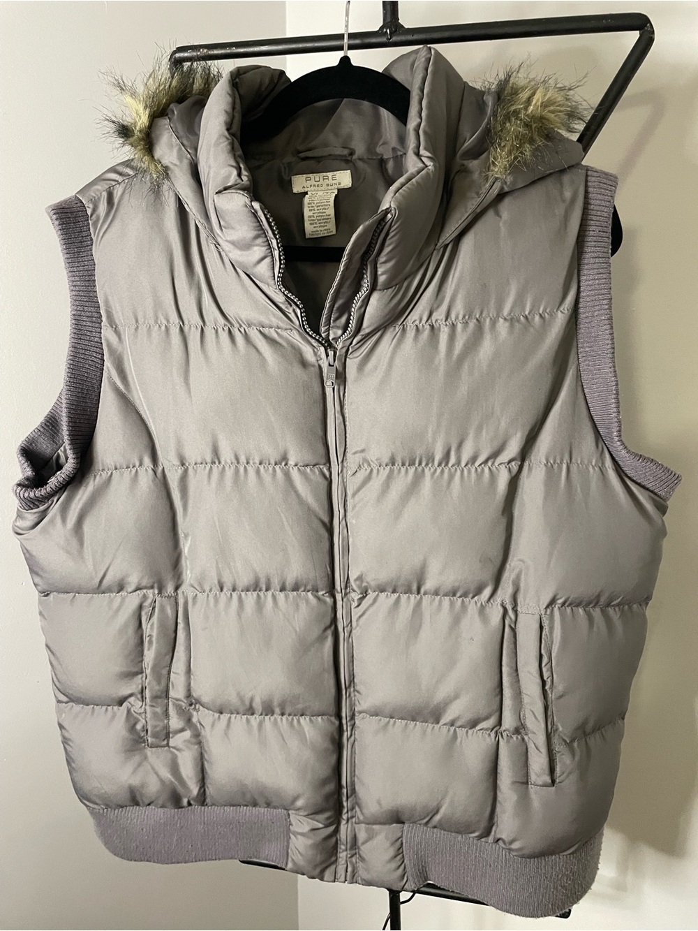 Pur Light Gray Quilted Puffer Vest with Faux Fur Trim